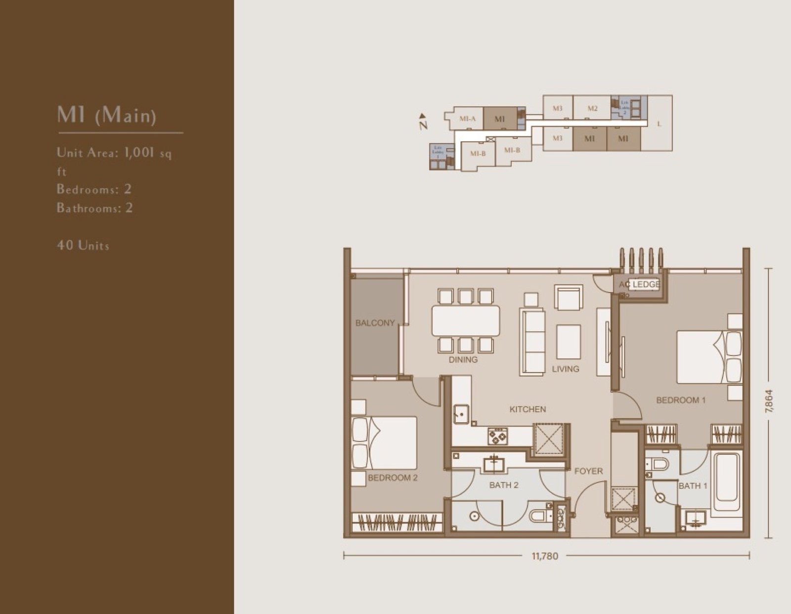 111 Menerung Type M1 floor plan, 2 bedroom, 1,001 sq ft