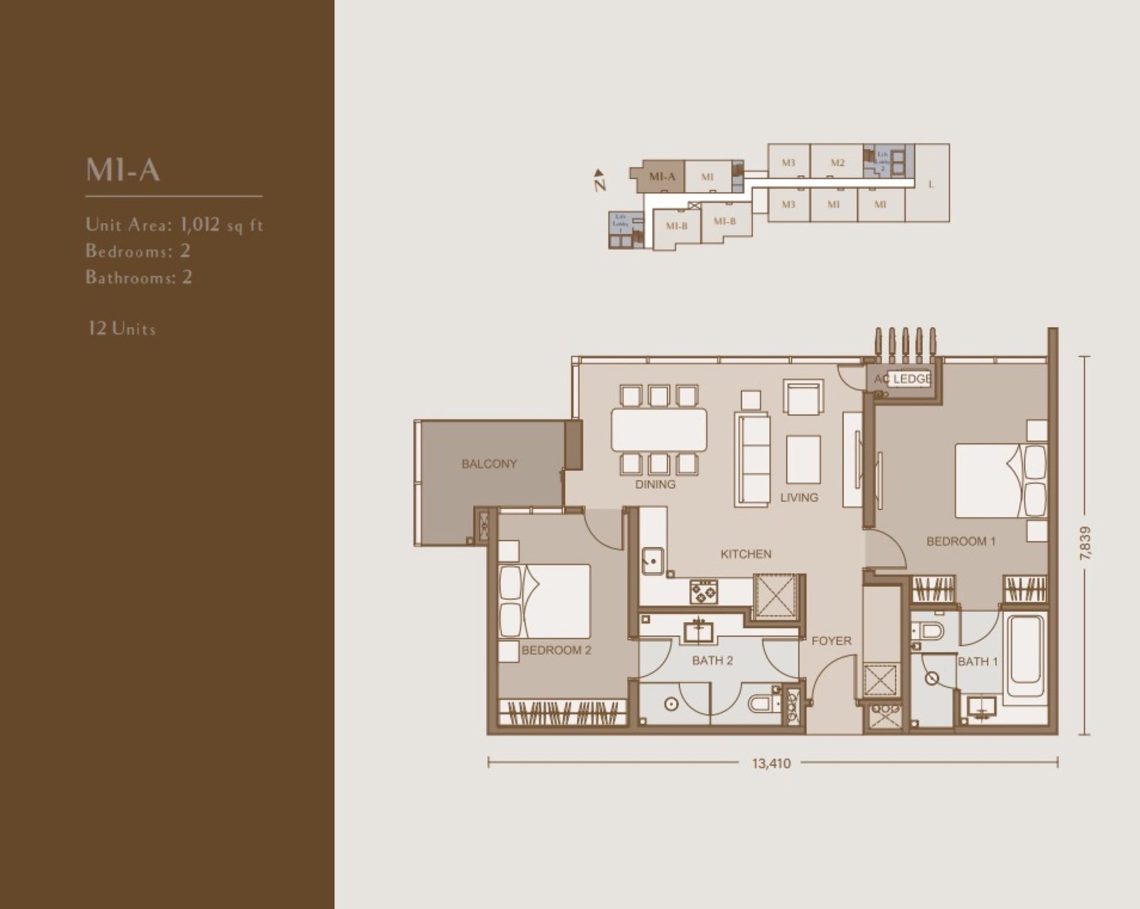 111 Menerung Type M1-A floor plan, 2 bedroom, 1,012 sq ft