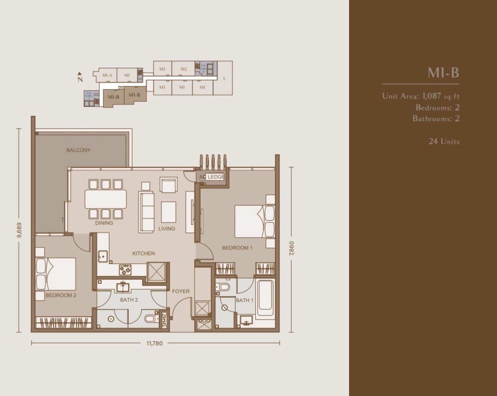 111 Menerung Type M1-B floor plan, 2 bedroom, 1,087 sq ft