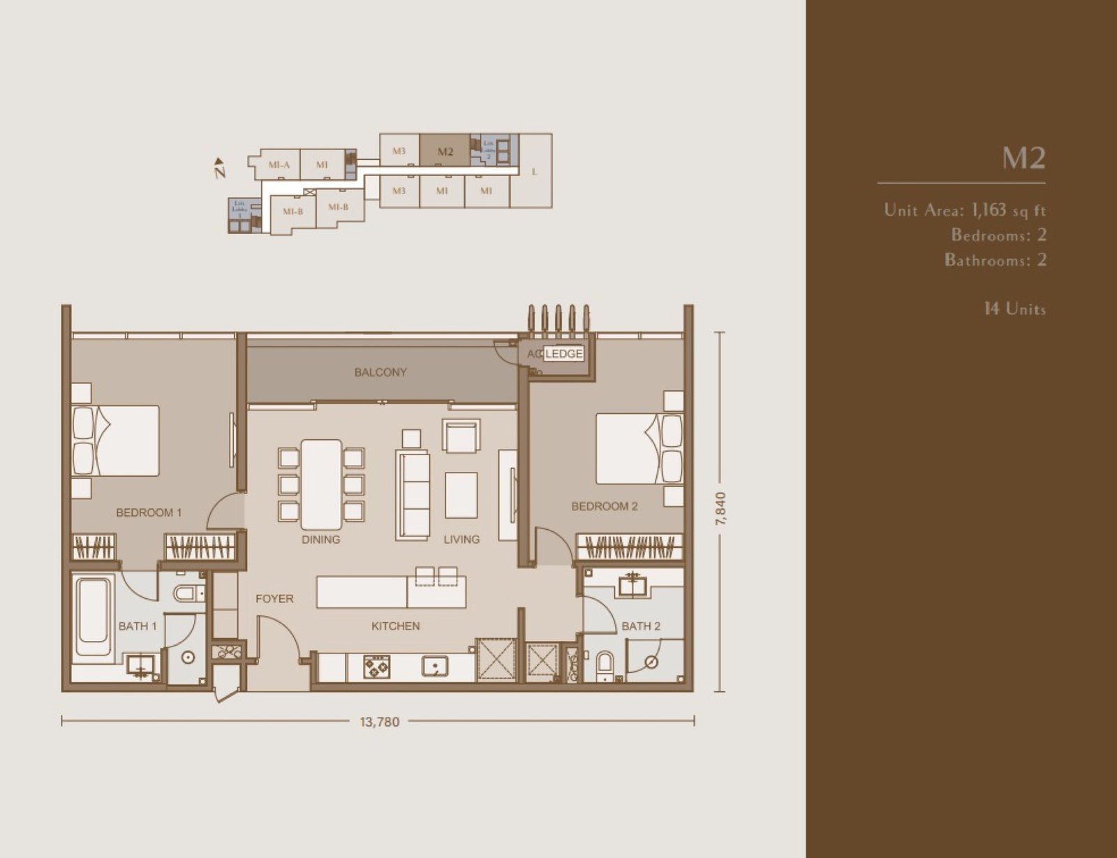 111 Menerung Type M2 floor plan, 2 bedroom, 1,163 sq ft