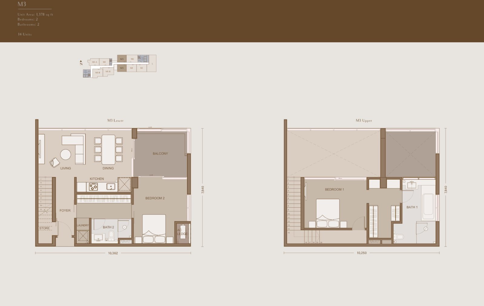 111 Menerung Type M3 duplex floor plan, 2 bedroom, 1,378 sq ft
