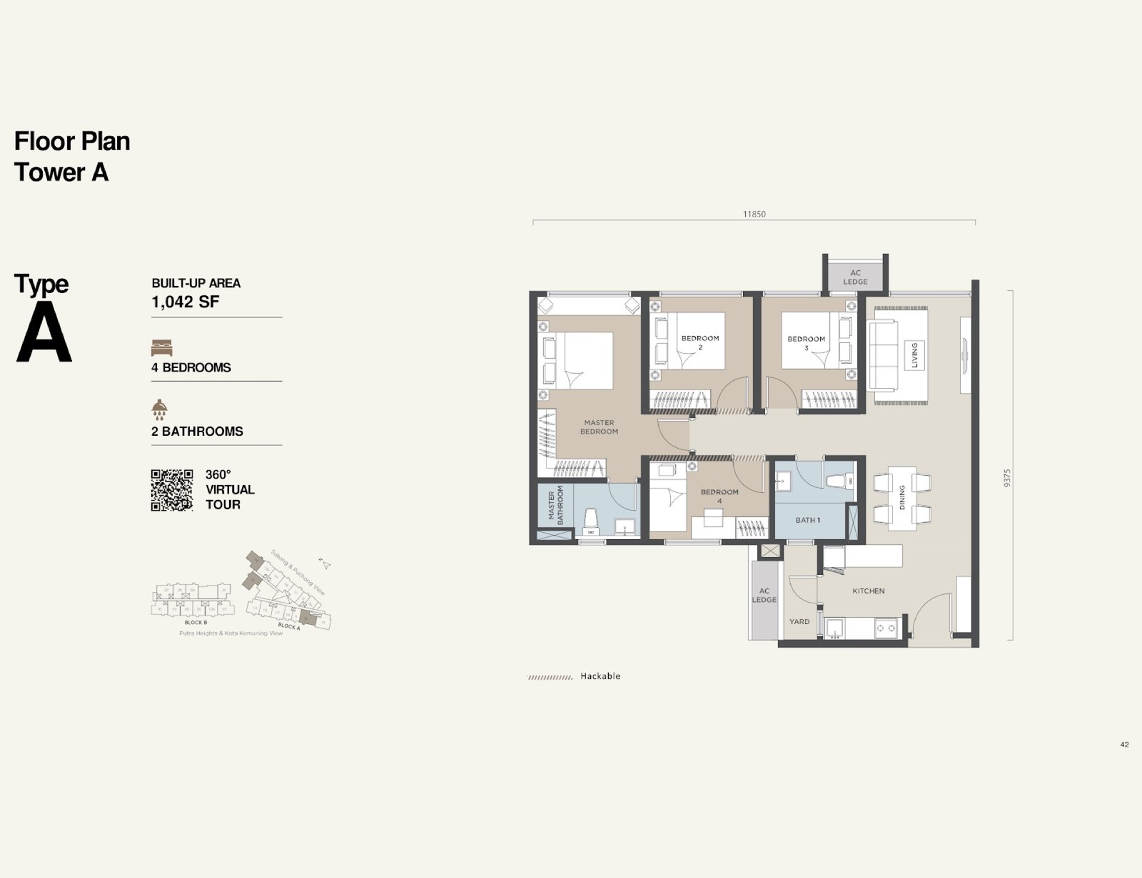 Alora Residences Type A floor plan, 4 bedroom, 1,042 sq ft