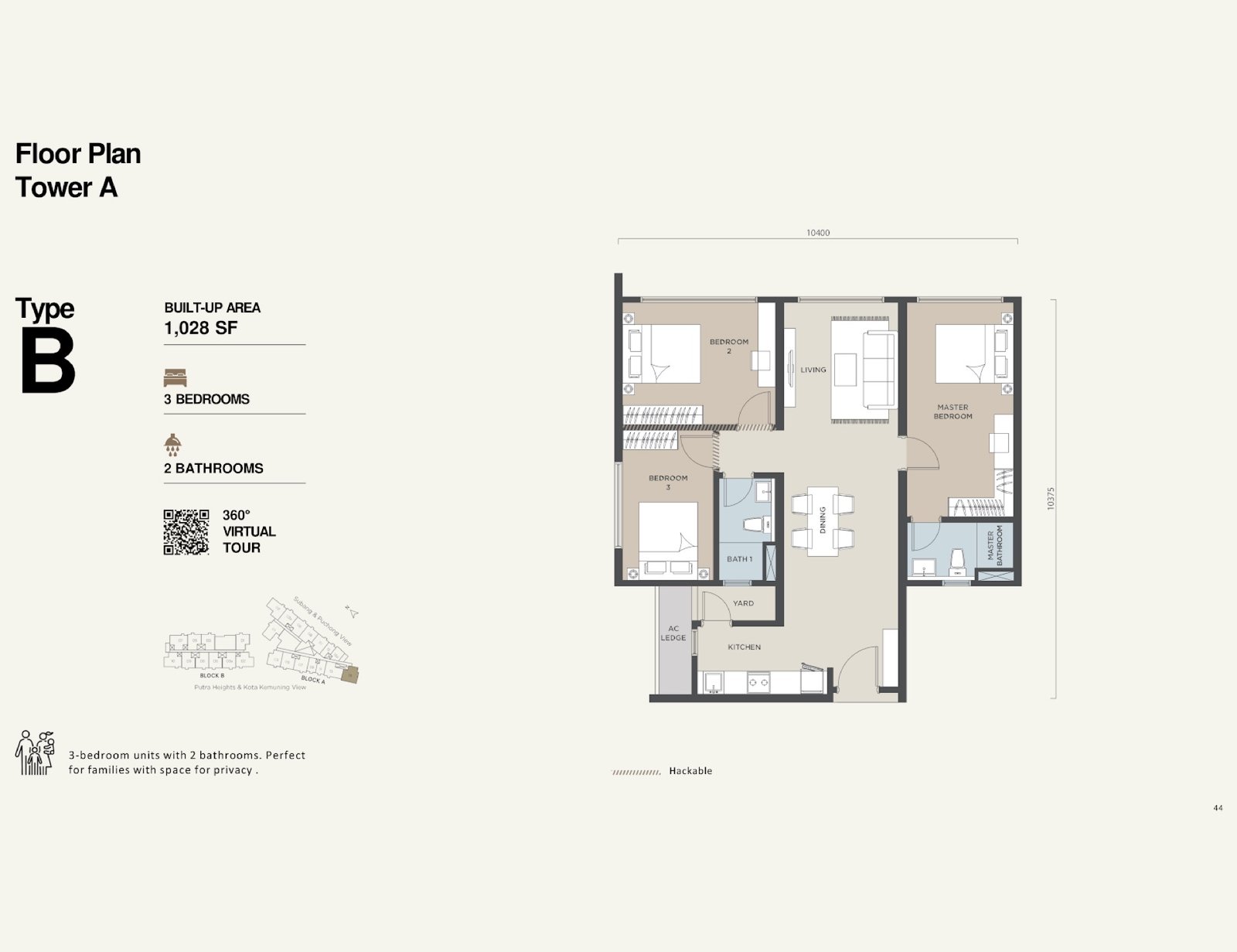 Alora Residences Type B floor plan, 3 bedroom, 1,028 sq ft