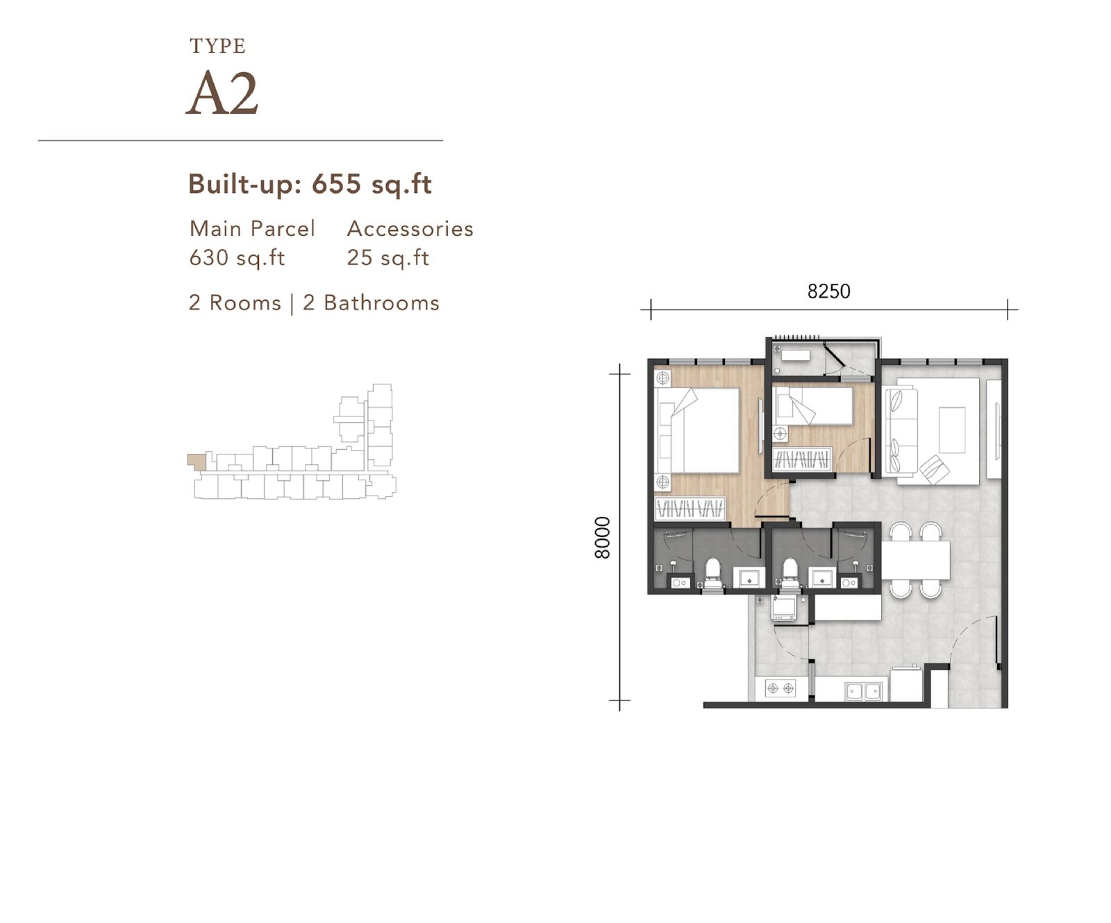 Amara Residences Type A2 floor plan, 2 bedroom, 655 sq ft