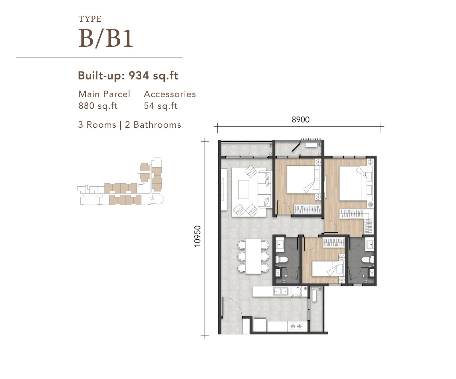Amara Residences Type B/B1 floor plan, 3 bedroom, 934 sq ft