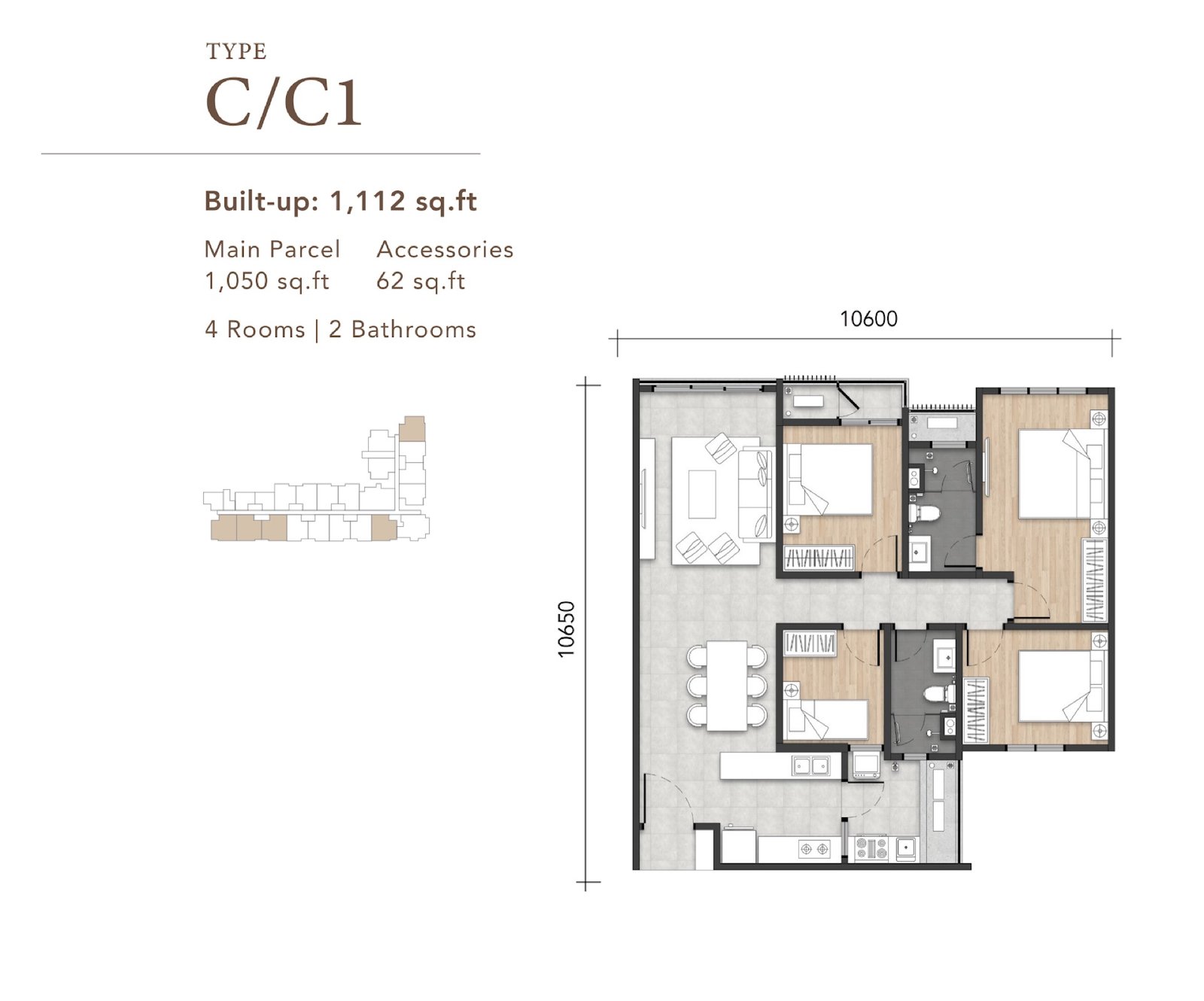 Amara Residences Type C/C1 floor plan, 4 bedroom, 1,112 sq ft