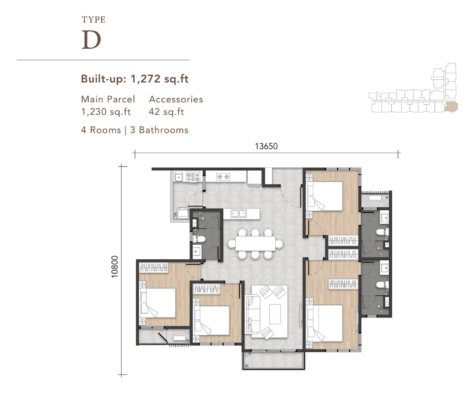 Amara Residences Type D floor plan, 4 bedroom, 1,272 sq ft