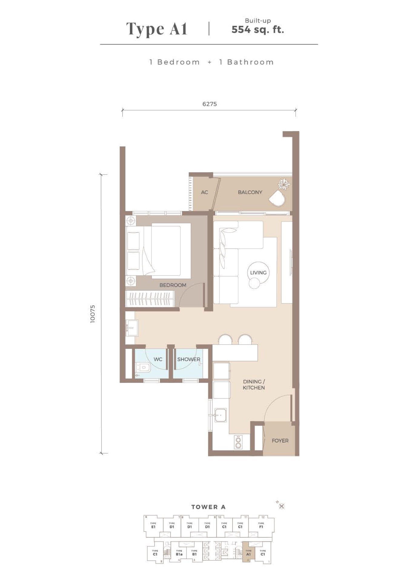 Amaya Residences Type A1 floor plan, 1 bedroom, 554 sq ft