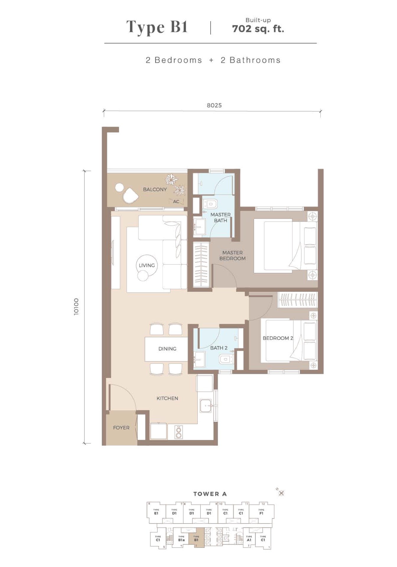 Amaya Residences Type B1 floor plan, 2 bedroom, 702 sq ft