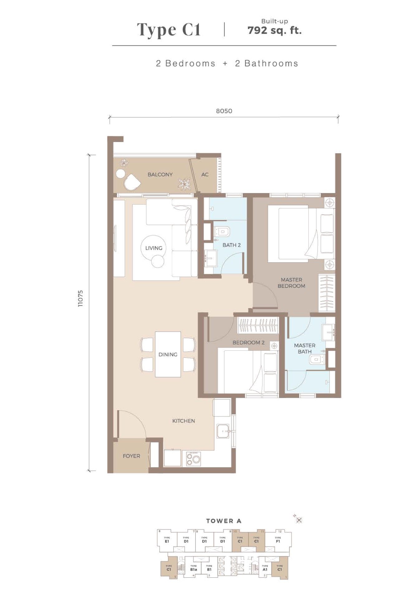 Amaya Residences Type C1 floor plan, 2 bedroom, 792 sq ft