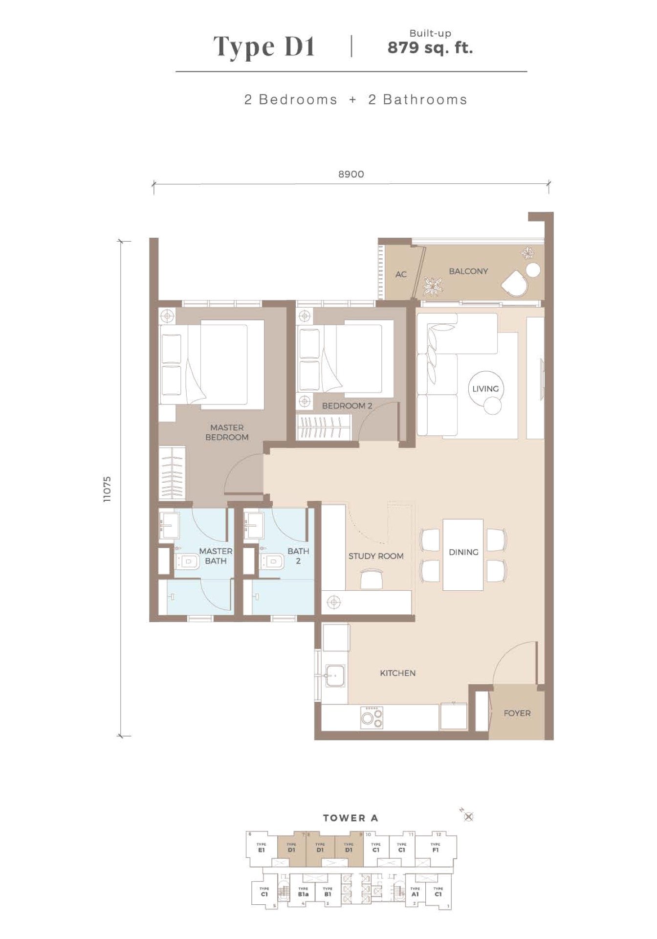 Amaya Residences Type D1 floor plan, 2 bedroom with study room, 879 sq ft