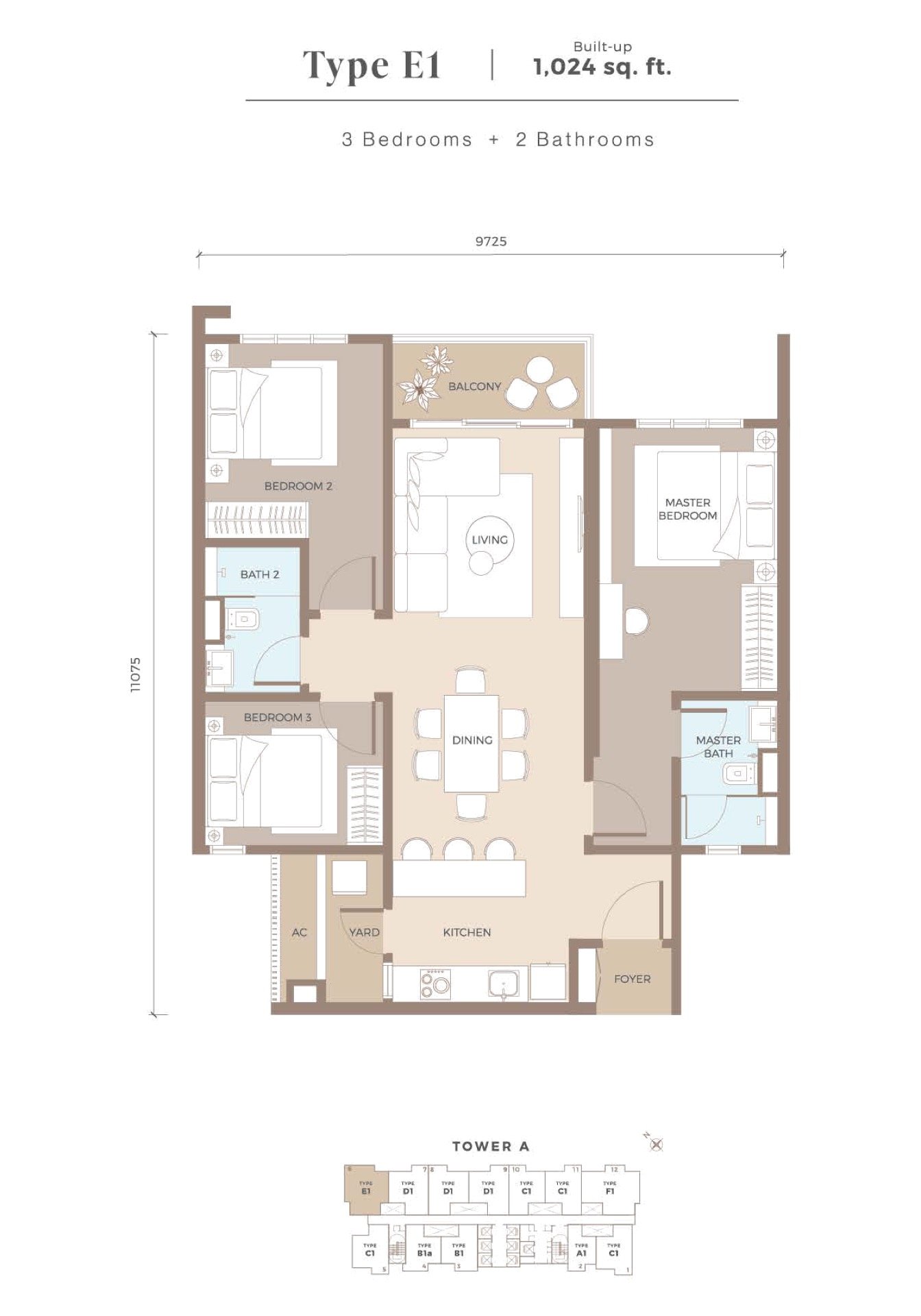 Amaya Residences Type E1 floor plan, 3 bedroom, 1,024 sq ft