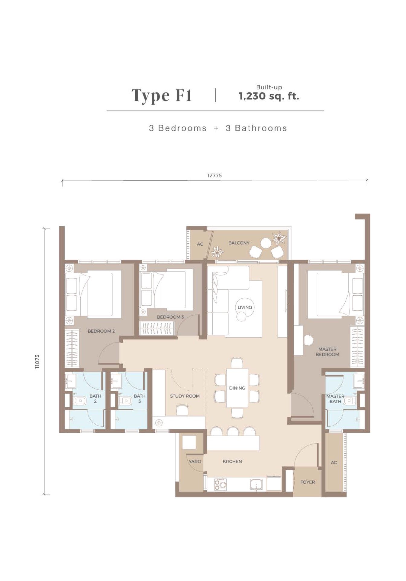 Amaya Residences Type F1 floor plan, 3 bedroom, 1,230 sq ft