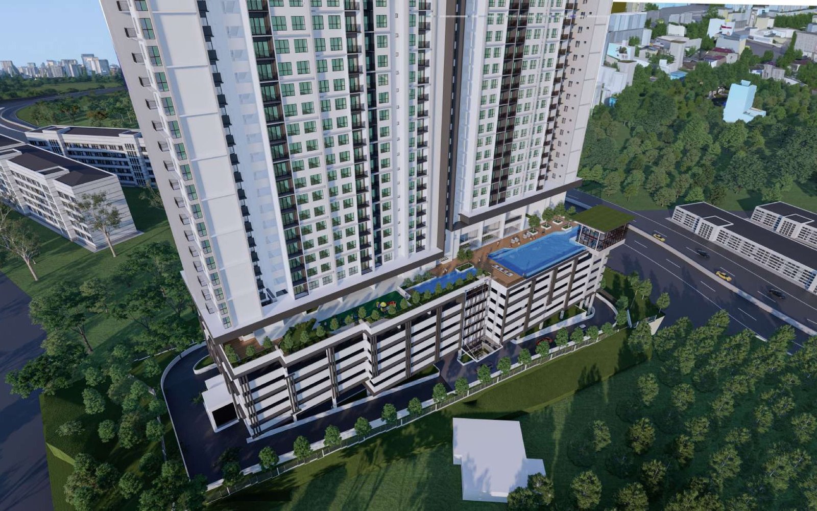 Ambience Residence aerial view of the tower and podium pool: artist's impression