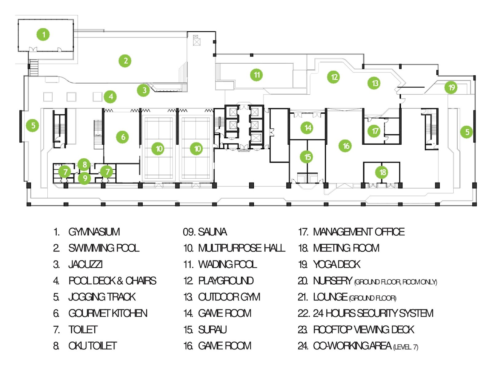 Ambience Residence facilities plan with 24 numbered facilities