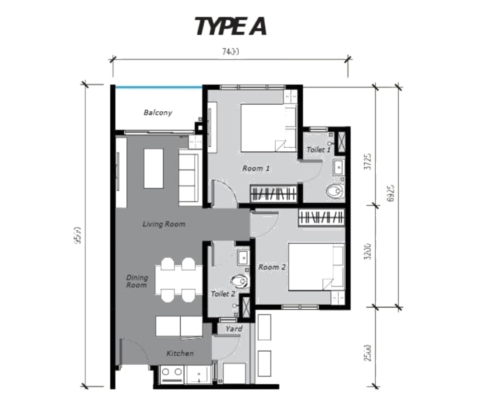 Ambience Residence Type A floor plan, 2 bedroom, 669 sq ft