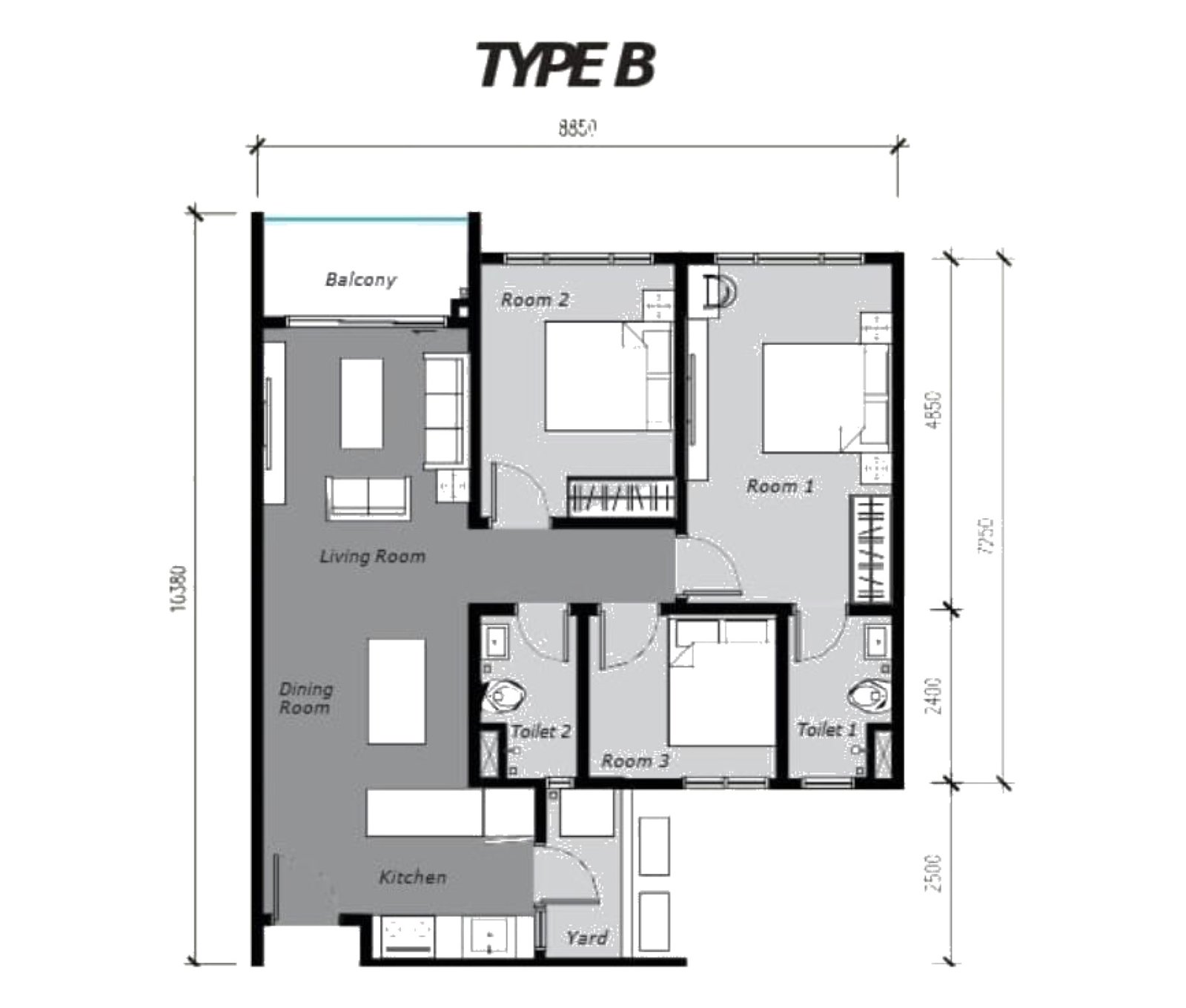 Ambience Residence Type B floor plan, 3 bedroom, 866 sq ft