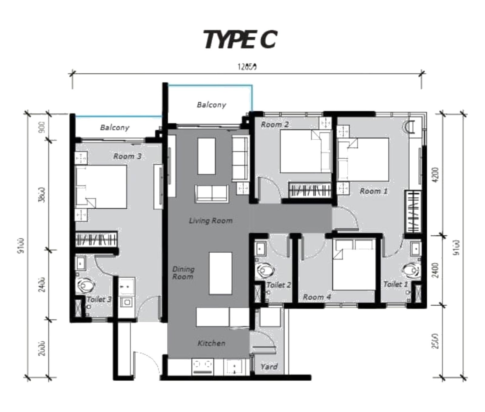 Ambience Residence Type C floor plan, 4 bedroom, 1,080 sq ft