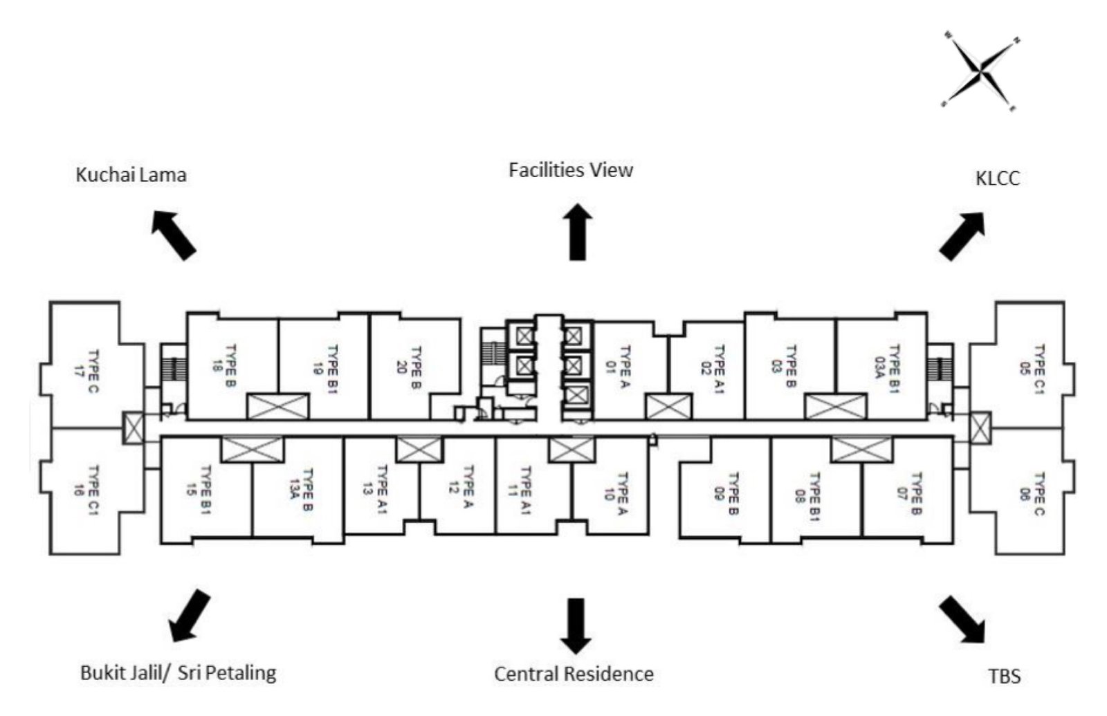 Ambience Residence typical floor plan with unit types and view directions