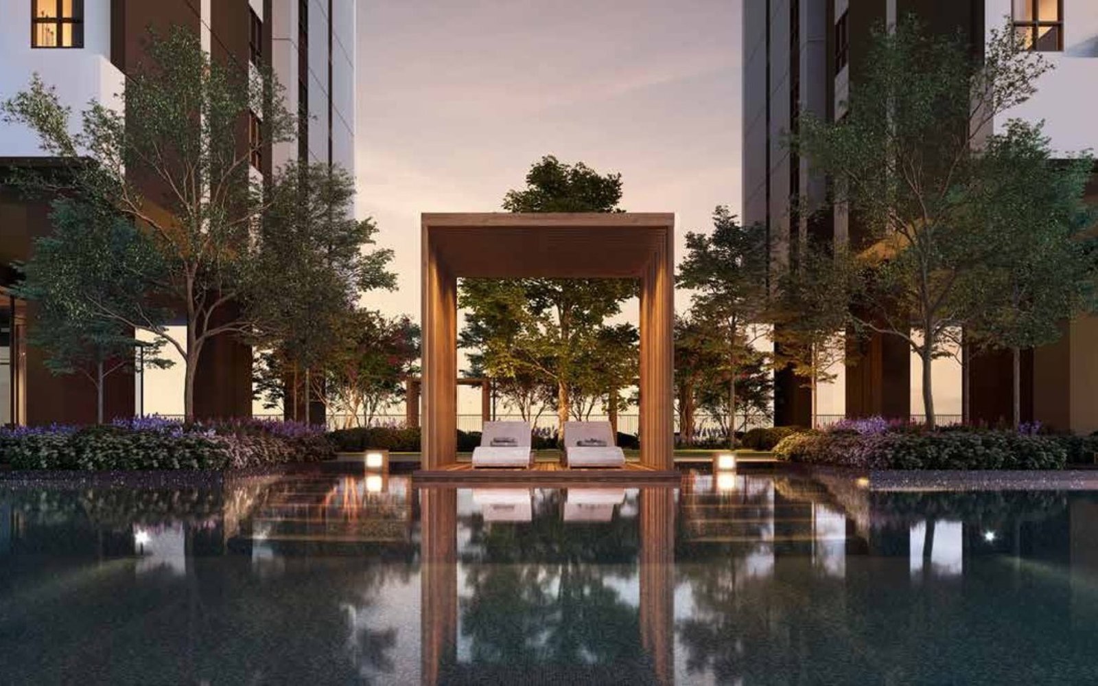 Aras Residences pool with feature cabana at dusk: artist's impression