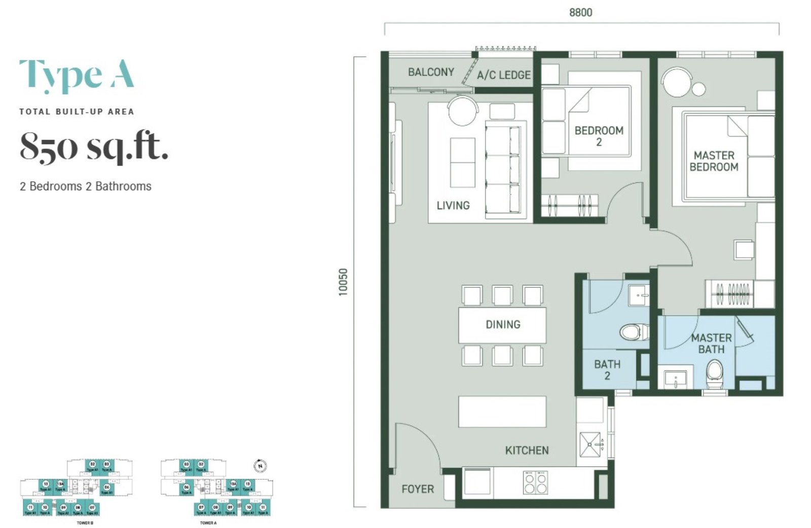 Aras Residences Type A floor plan, 2 bedroom, 850 sq ft