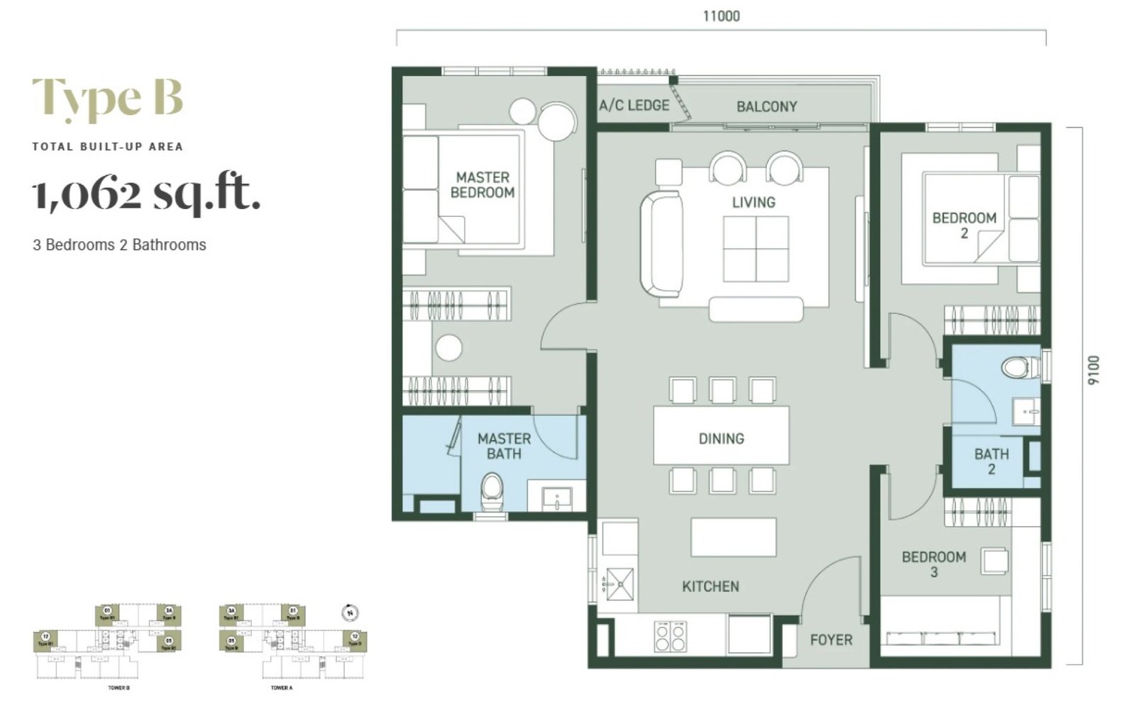 Aras Residences Type B floor plan, 3 bedroom, 1,062 sq ft