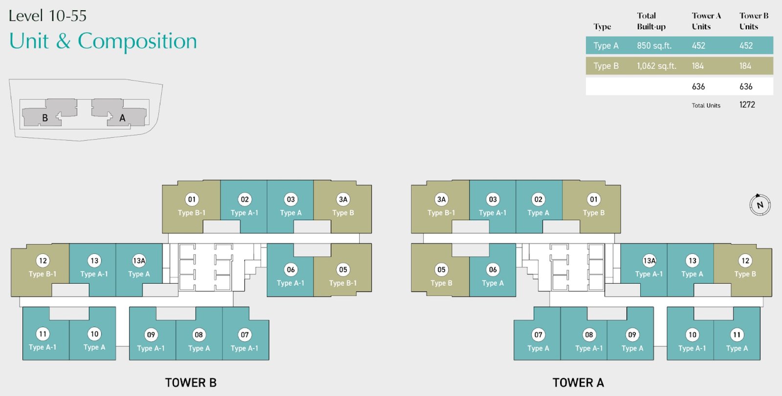 Aras Residences Levels 10 to 55 unit composition plan for Tower A and Tower B