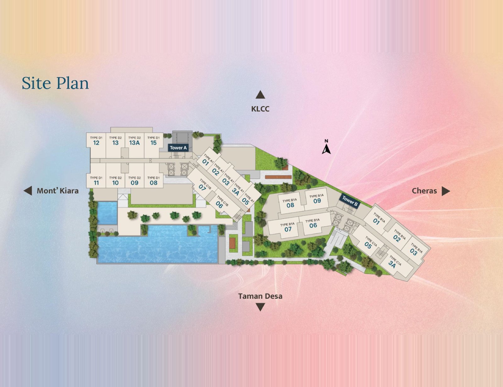 Aricia Residences site plan showing Tower A and Tower B unit types