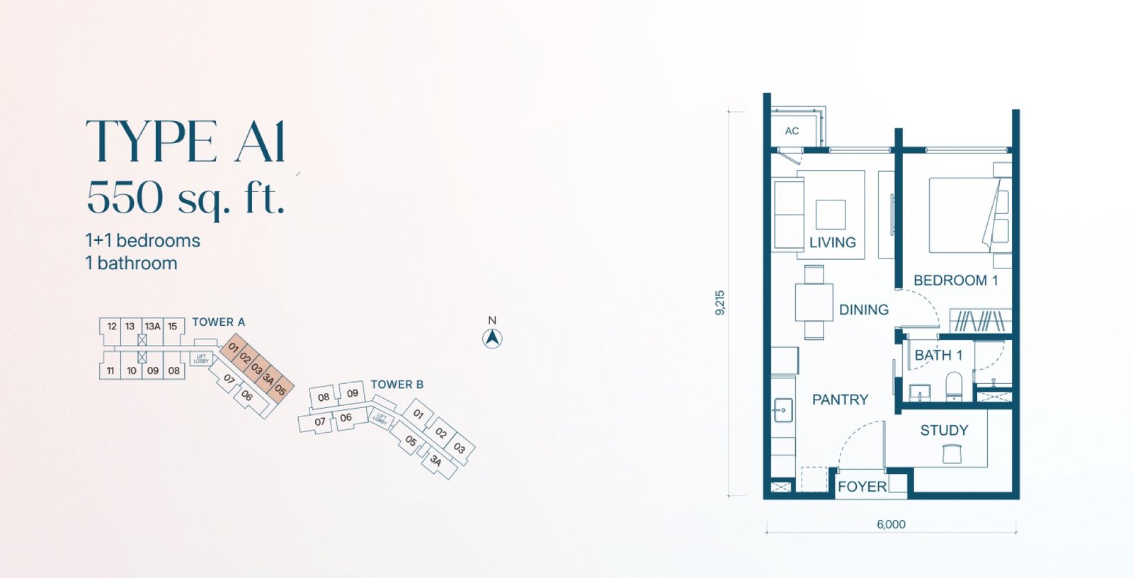 Aricia Residences Type A1 floor plan, 1+1 bedroom, 550 sq ft