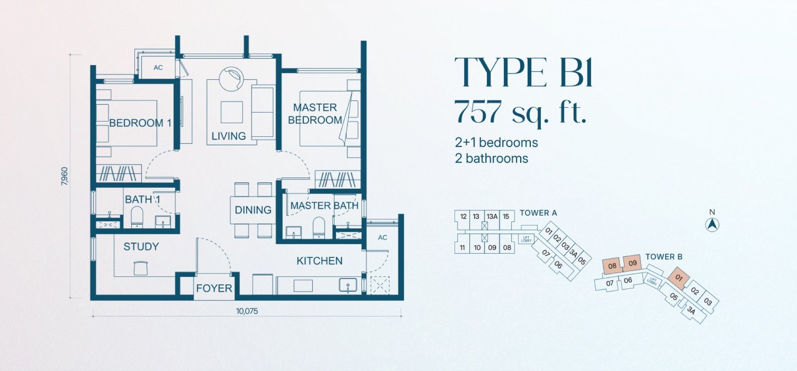 Aricia Residences Type B1 floor plan, 2+1 bedroom, 757 sq ft
