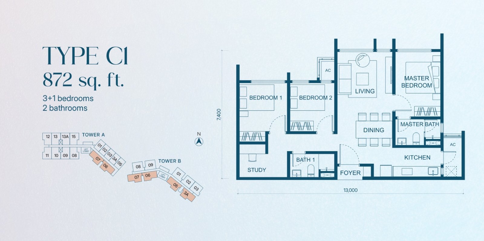 Aricia Residences Type C1 floor plan, 3+1 bedroom, 872 sq ft