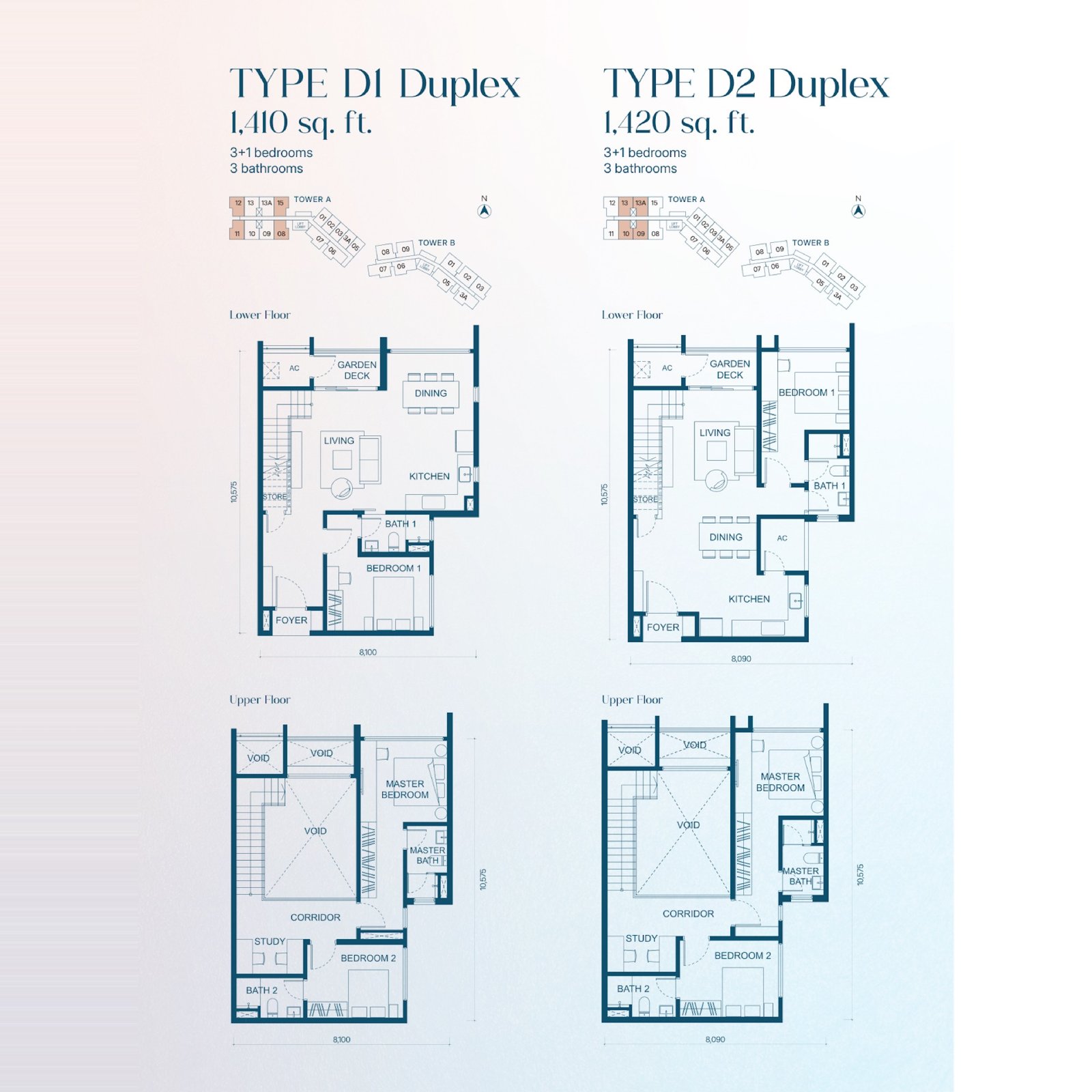 Aricia Residences Type D1 and D2 duplex floor plans, 3+1 bedroom, 1,410 and 1,420 sq ft