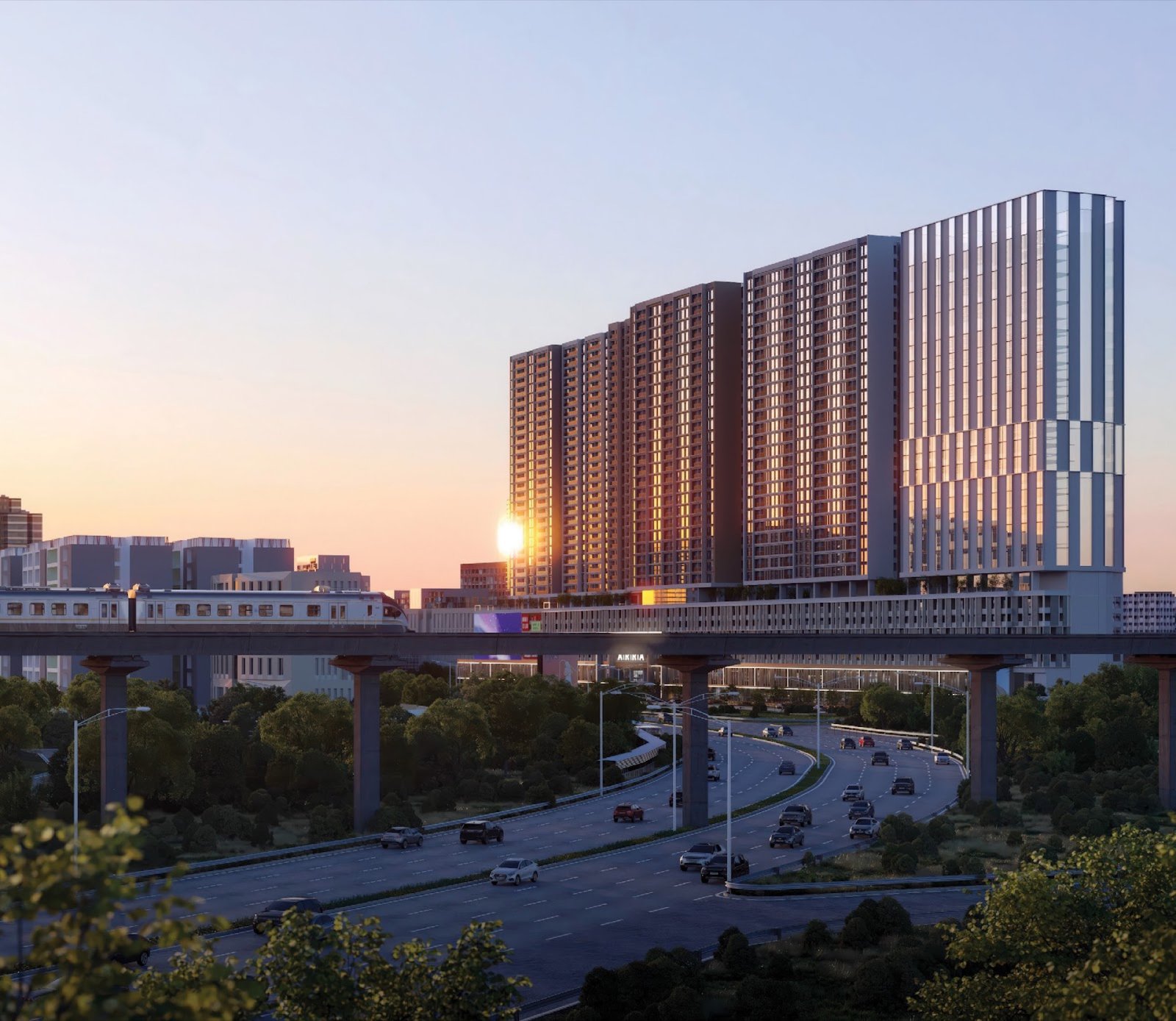 ARRA Residences towers at dusk beside the LRT line: artist's impression