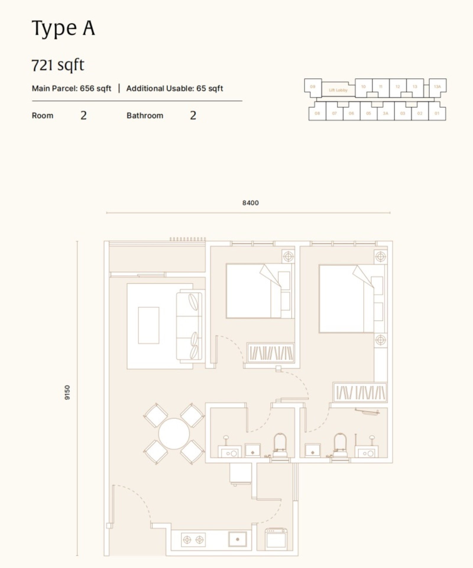 ARRA Residences Type A floor plan, 2 bedroom, 721 sq ft