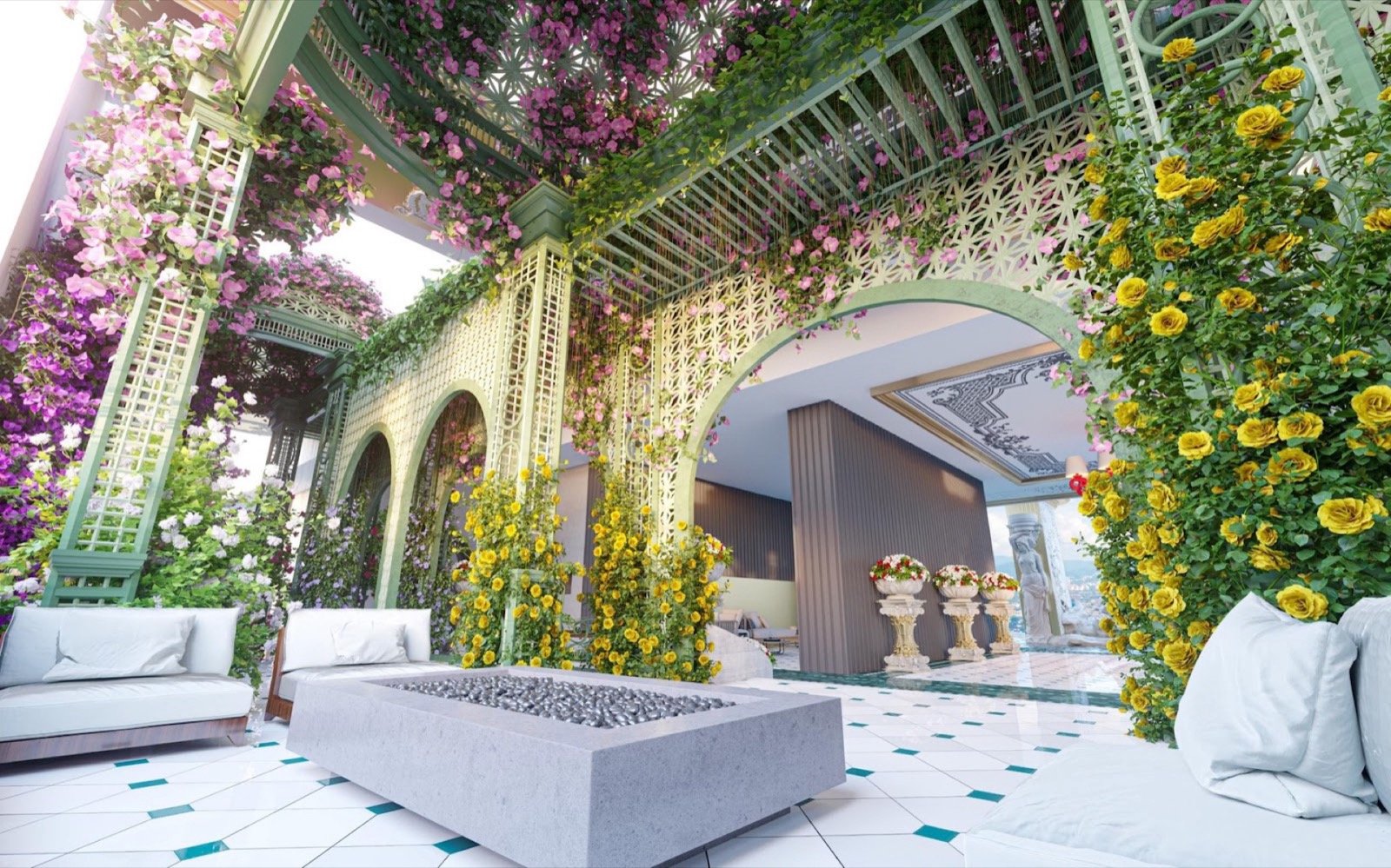 Arte Solaris garden lounge under flower trellises: artist's impression