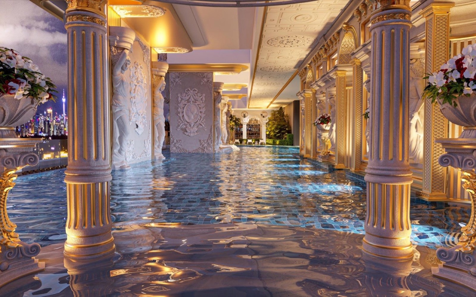 Arte Solaris pool with columns at dusk: artist's impression