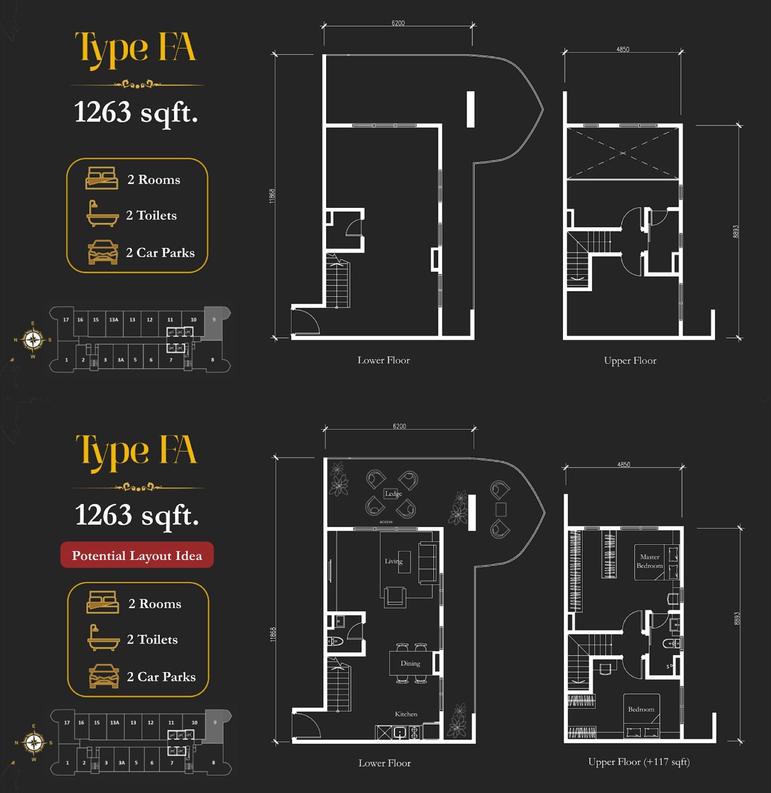 Arte Solaris Type FA duplex floor plan, 2 rooms, 1,263 sq ft