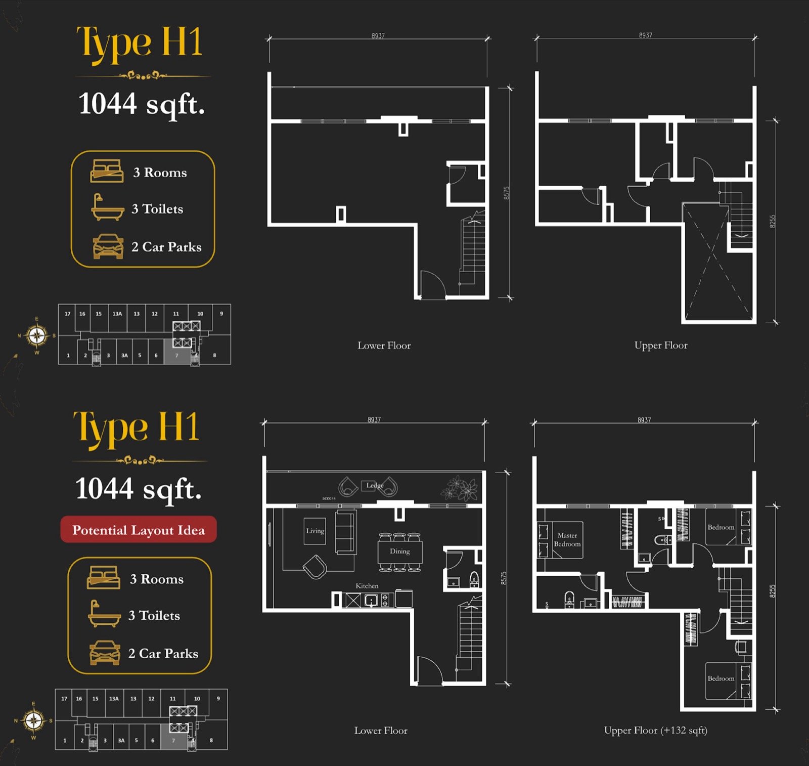 Arte Solaris Type H1 duplex floor plan, 3 rooms, 1,044 sq ft