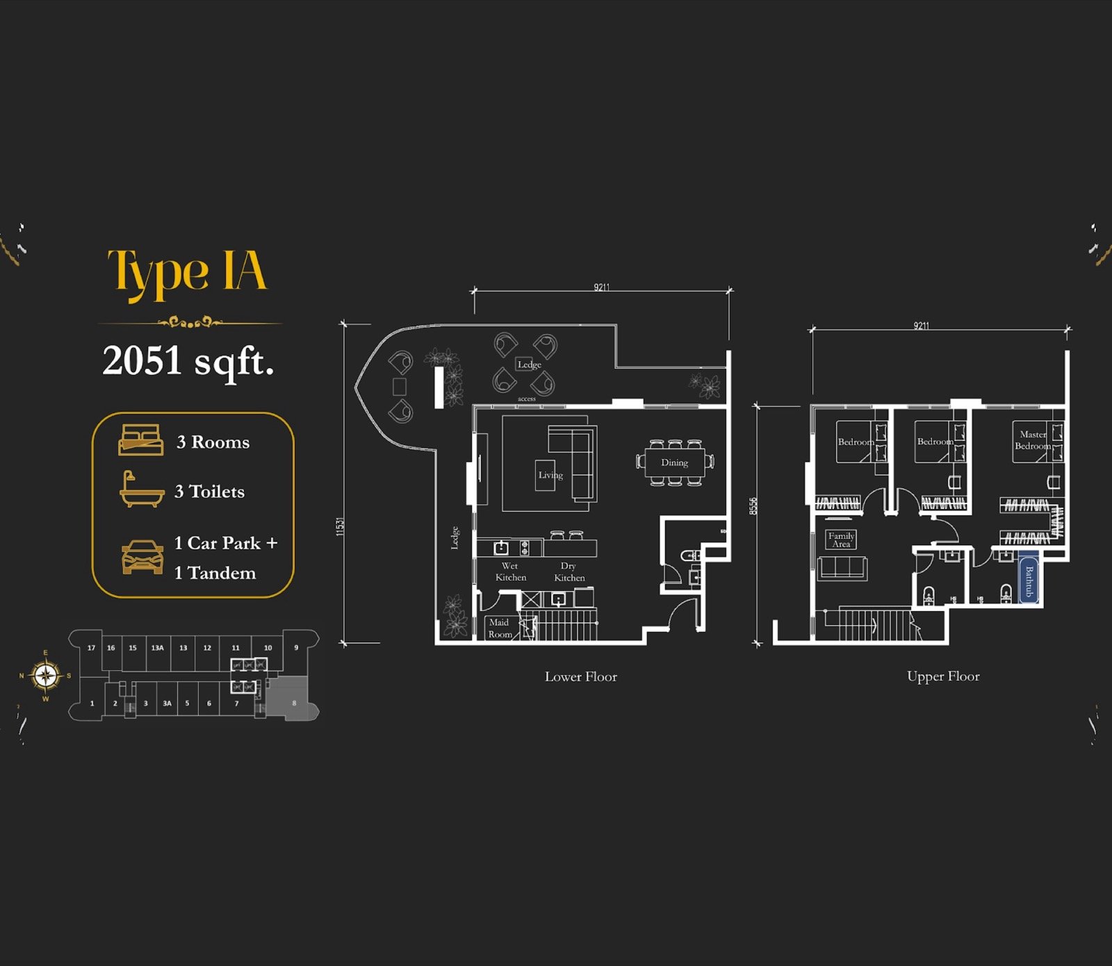 Arte Solaris Type IA duplex floor plan, 3 rooms, 2,051 sq ft