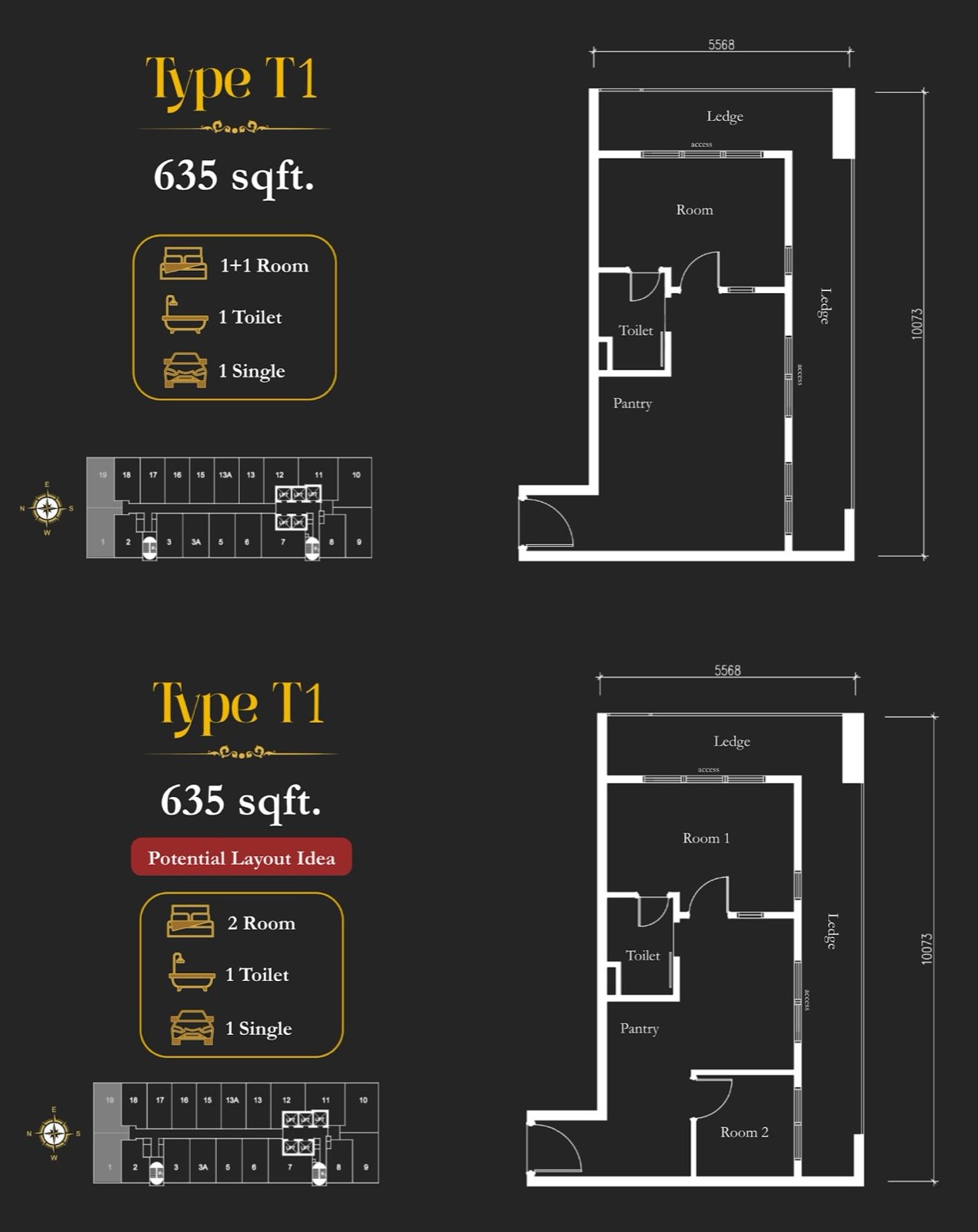 Arte Solaris Type T1 floor plan, office suite, 1+1 room, 635 sq ft