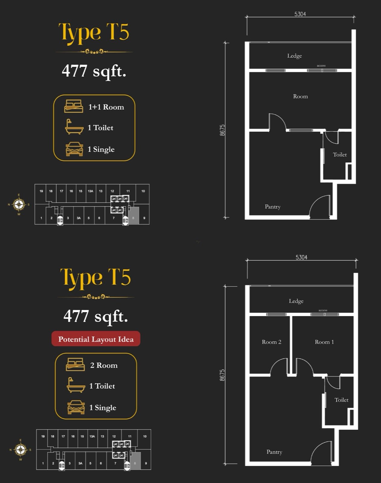 Arte Solaris Type T5 floor plan, office suite, 1+1 room, 477 sq ft
