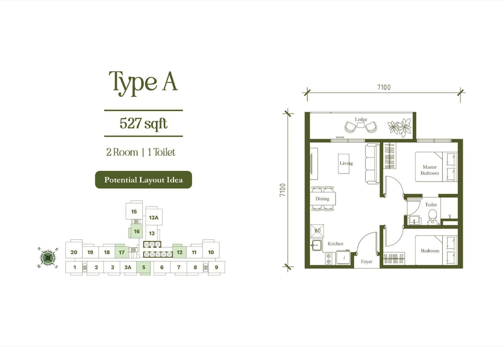 Arte Star Milano Type A floor plan, 2 room 1 toilet, 527 sq ft