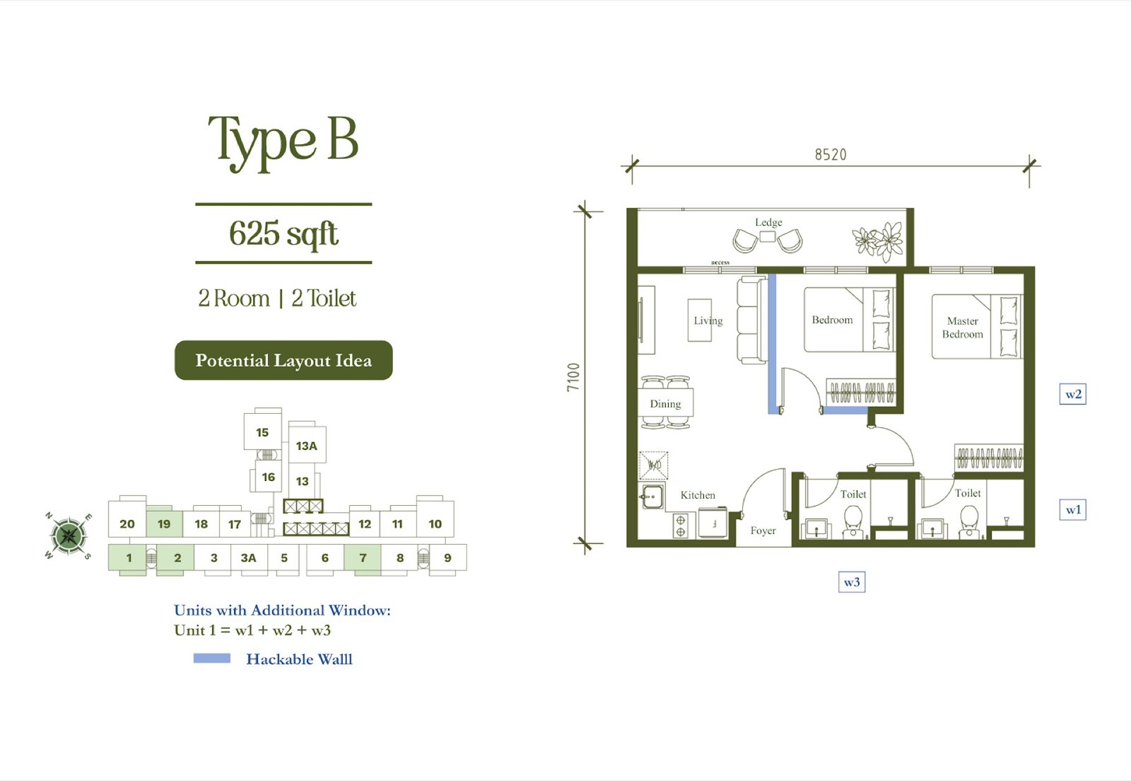 Arte Star Milano Type B floor plan, 2 room 2 toilet, 625 sq ft
