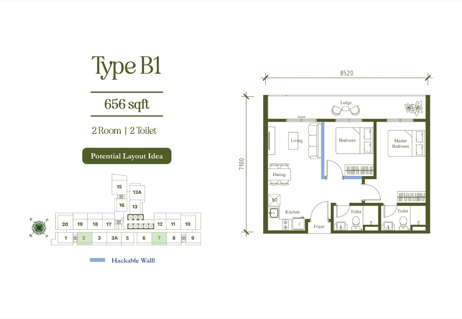 Arte Star Milano Type B1 floor plan, 2 room 2 toilet, 656 sq ft