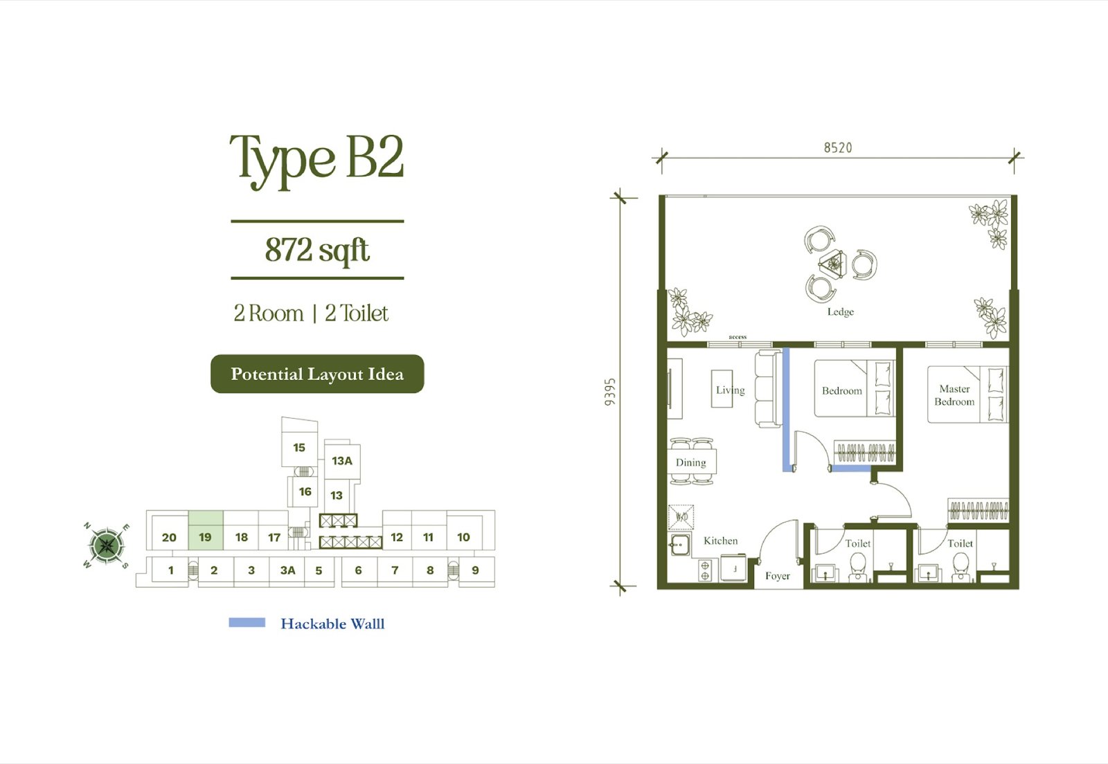 Arte Star Milano Type B2 floor plan, 2 room 2 toilet, 872 sq ft