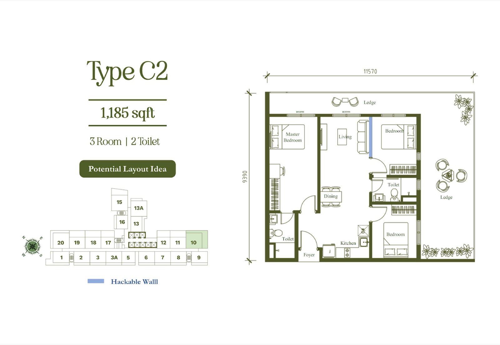Arte Star Milano Type C2 floor plan, 3 room 2 toilet, 1,185 sq ft