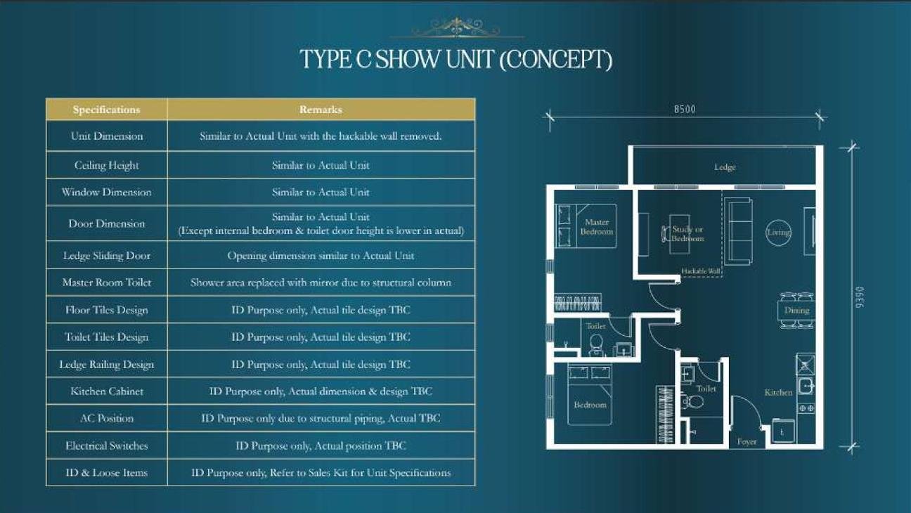 Arte Star Type C show unit concept plan, 3 rooms, 840 sq ft