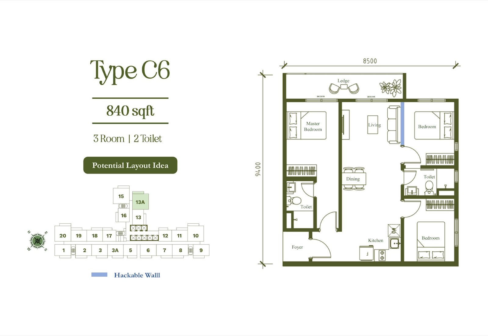 Arte Star The Regal Type C6 floor plan, 3 rooms, 840 sq ft