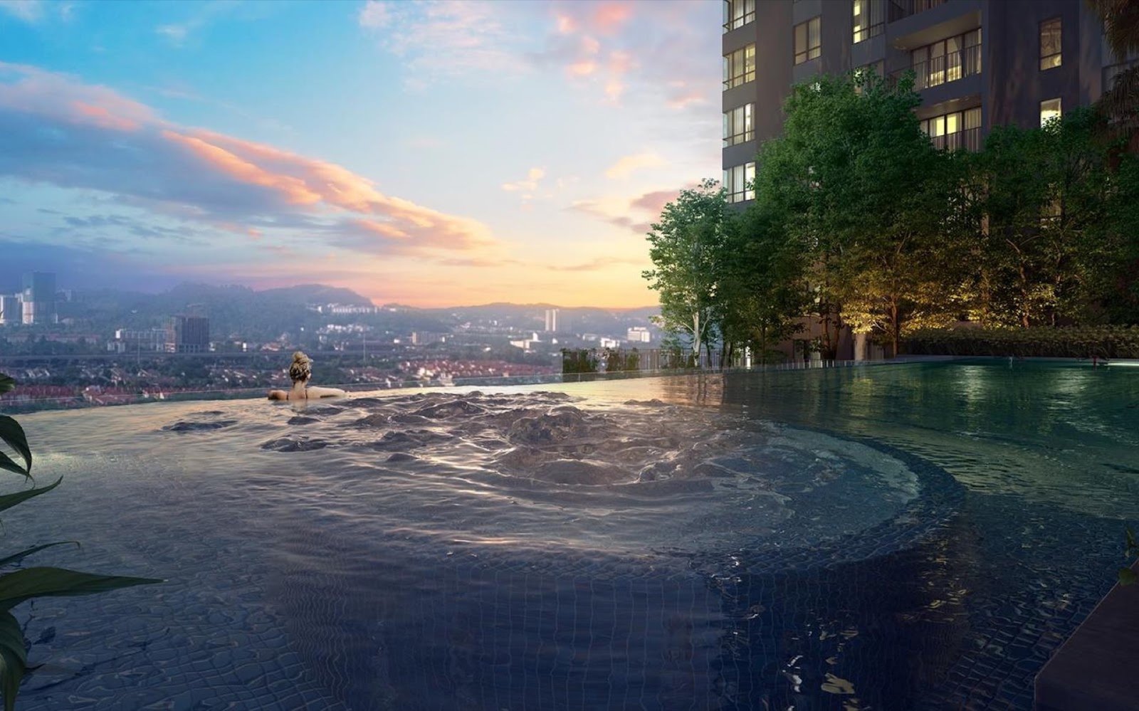 Arunya Residences infinity pool at dusk: artist's impression