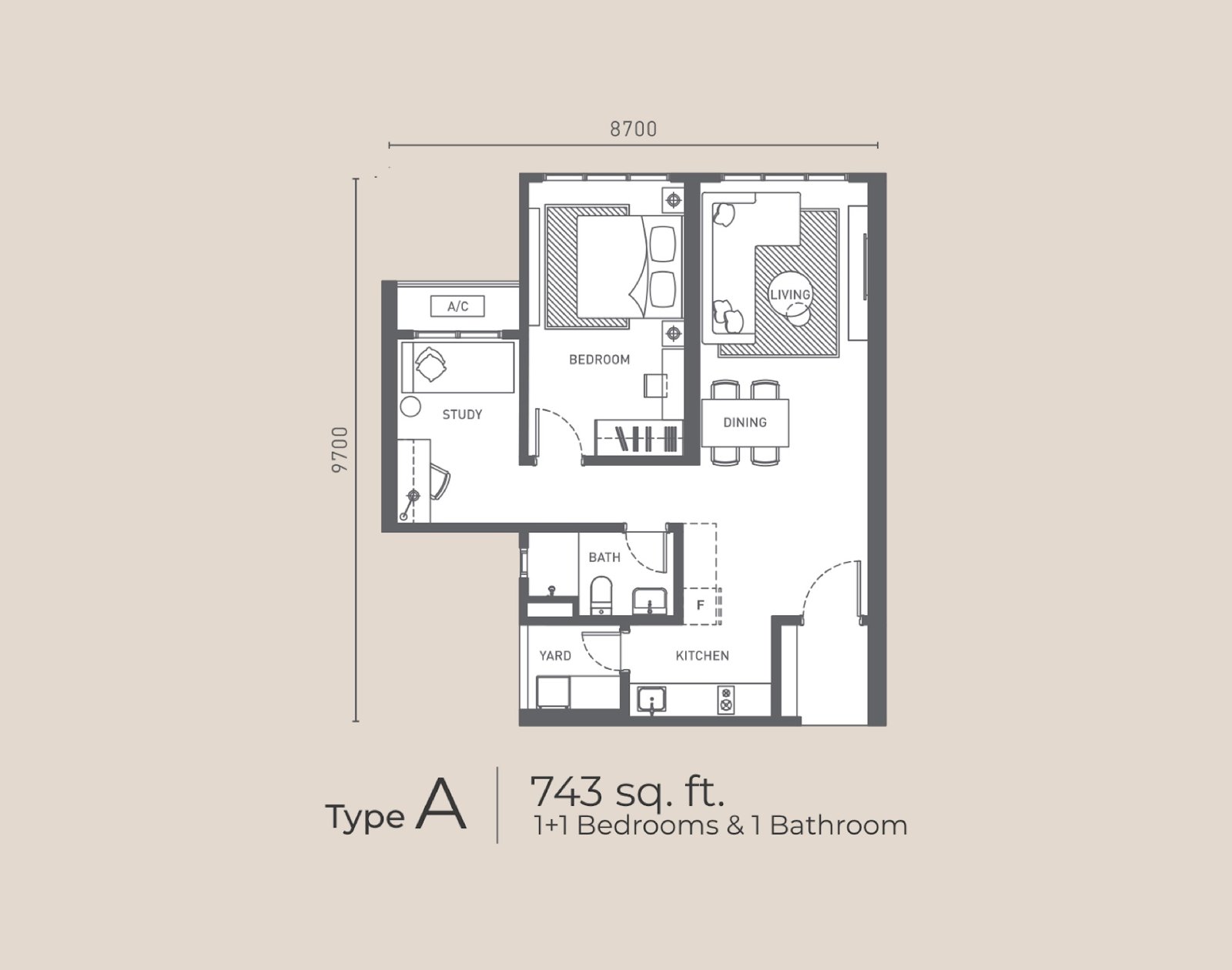 Arunya Residences Type A floor plan, 1+1 bedrooms, 743 sq ft